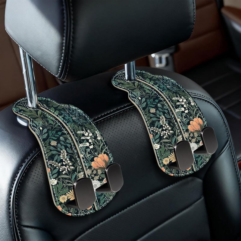 Blusabaca 2PCS Car Hooks for Purses Bags, Weeds Floral Flowers Wildflowers Plants Seat Back Storage Headrest Holder Hanger PU Leather Double Backseat Organizer, Women Car Accessories Organization - Image 1